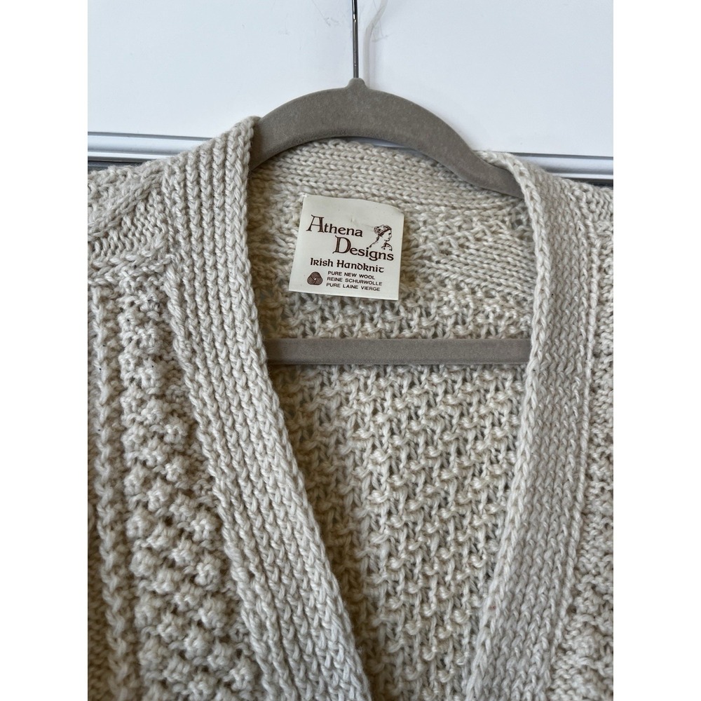 Athena Designs Irish Handknit‎ Wool Cable Knit Sweater Size L Cream Beige V Neck - Picture 5 of 10